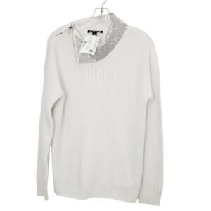 Inc International Concepts SHIMMER Sweater L WHITE Shiny Silver COLLAR $100 New